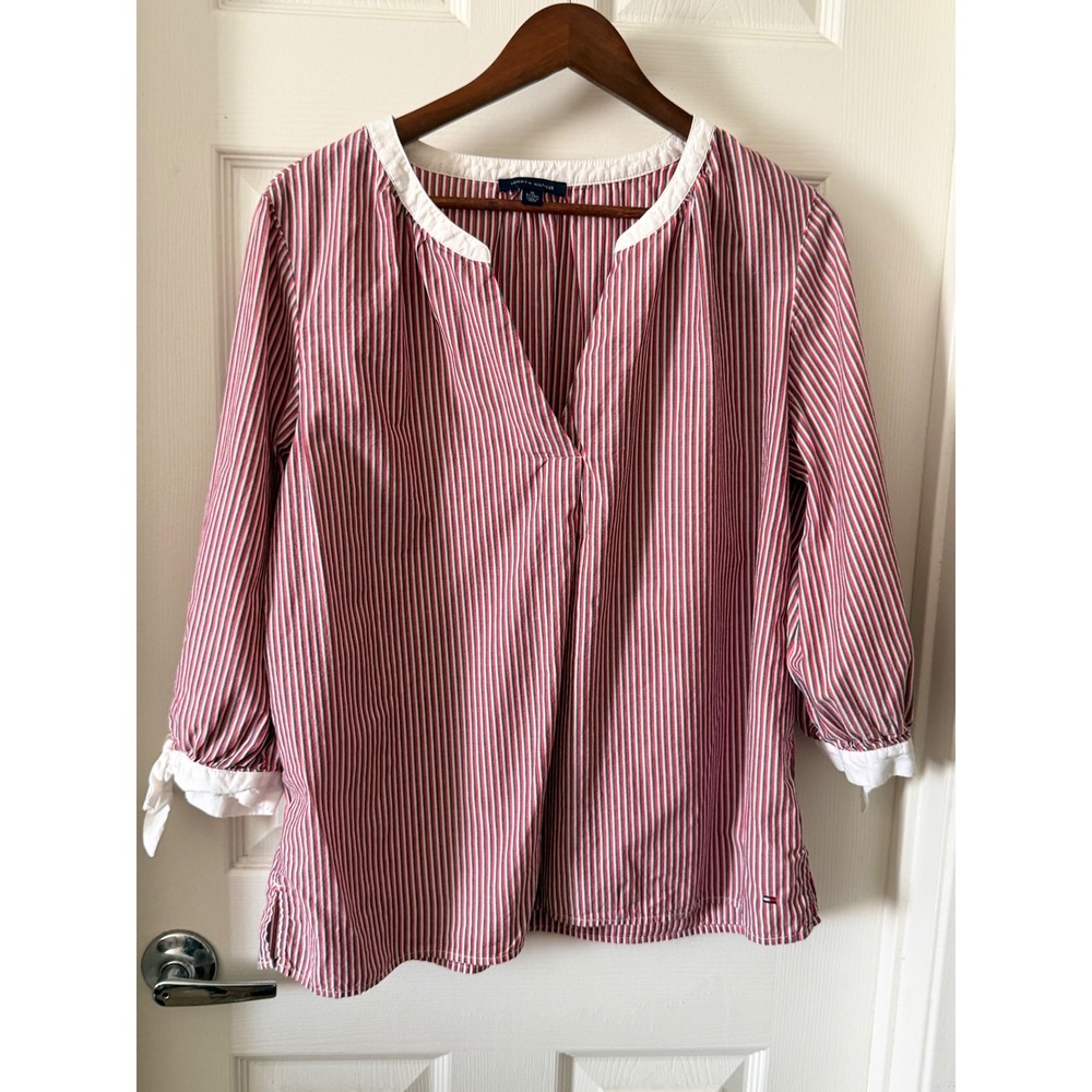 Tommy Hilfiger Womens XL Red White Blue Striped Split Neck Tie Sleeve Blouse